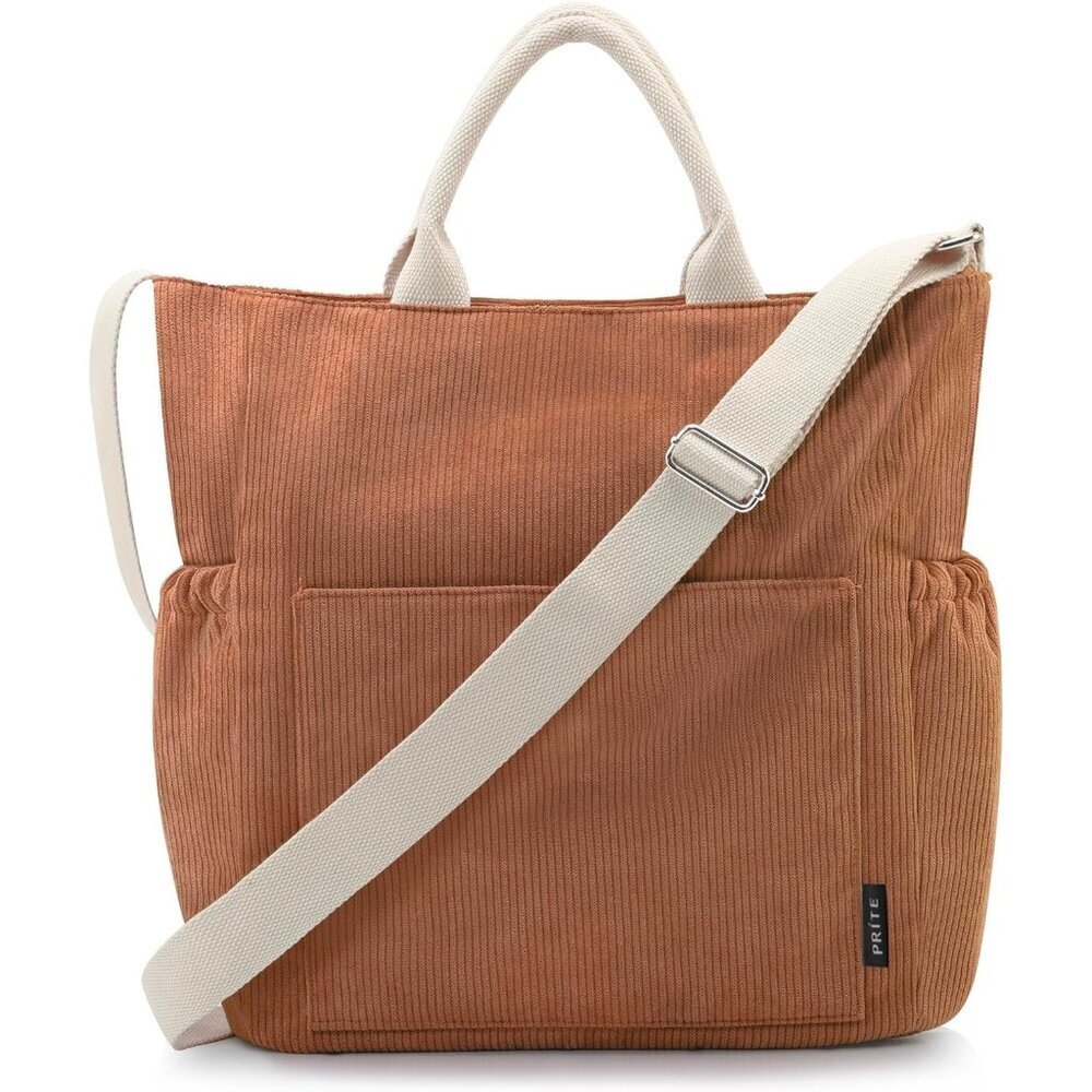 Prite Women Brown Corduroy Large Hobo Shoulder Crossbody Tote Bag With Pockets